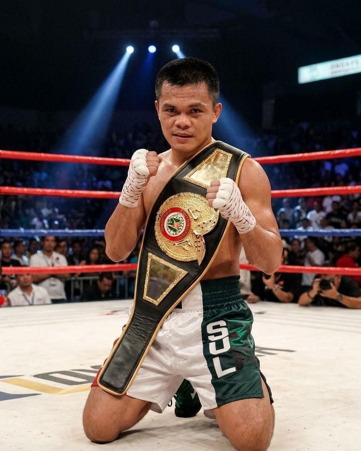 Dondon Sultan kneeling in the ring with a championship belt